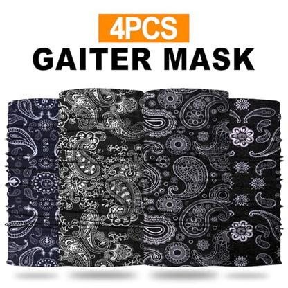 4Pack Neck Gaiter for Men Women Face Cover Mask Head Wrap Balaclava Headwear Bandana Headband Magic Scarf - color: A-black-paisley-1