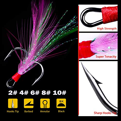 AMHDV Feather Fishing Hooks Strong Treble Hooks Size 2 4 6 8 10 (Pack of 20) - color: Pink and green, size: 4#
