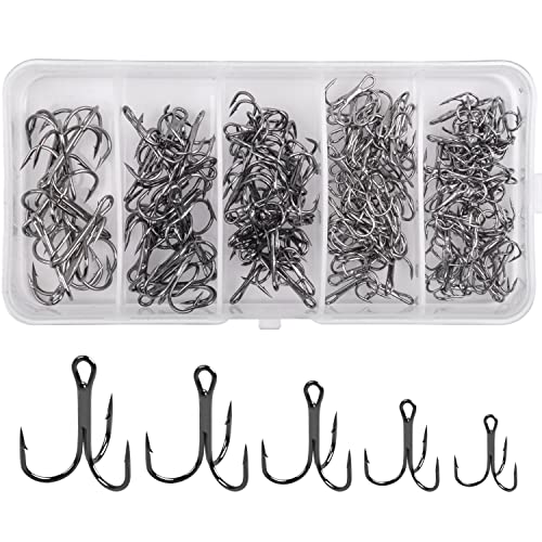 Fishing Treble Hooks Assortment, Sharp Brabed Triple Fishing Hooks Set High Carbon Steel Round Bend for Trout Catfish Lures Freshwater Saltwater, Assorted Size 4 6 8 10 12 - style: 150pcs Black Treble Hooks Set