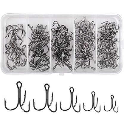 Fishing Treble Hooks Assortment, Sharp Brabed Triple Fishing Hooks Set High Carbon Steel Round Bend for Trout Catfish Lures Freshwater Saltwater, Assorted Size 4 6 8 10 12 - style: 150pcs Black Treble Hooks Set