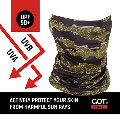UPF 50+ Fishing Neck Gaiter - UV Face Mask Sun Protection for Men Women | Moisture-Wicking, Quick-Drying, Built-in SPF, UVA/UVB Blocking, Hunting Camo Design, Versatile Headwear - color: Olive Tiger Stripe