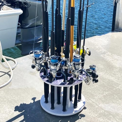 Rush Creek Creations Reel Salty Waterproof Marine Grade 16 Rolling Fishing Rod Holder Dock/Garage Storage Rack, Father's Day Gift, Gift for Dad and Grandpa, Gray/White, 29.8" L x 11.6" W x 30.9" H - style: Spinning Rod Rack