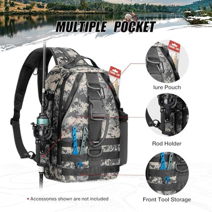 Piscifun Fishing Backpack with Rod Holder, Lightweight Sling Bag Storge Gear and Equipment - color: Digital Camouflage, size: Large, style: Latch