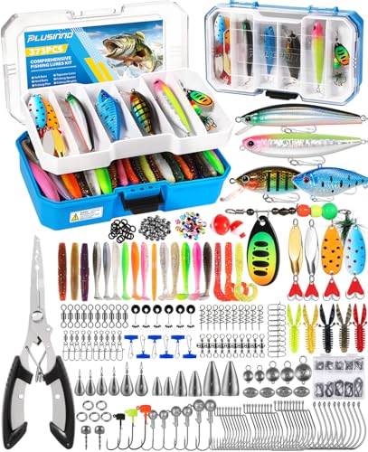PLUSINNO Fishing Lures Tackle Box Gear Kit with Tackle Included, 373 PCS | Waterproof, Compact & Customizable, for Bass Trout, Freshwater Topwater, 16 Rigs, Fishing Gifts for Men Starter - color: Blue 373 PCS Lures Box