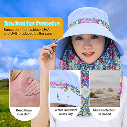 Women Wide Brim Face Mask Sun Hat Detachable Neck Face Flap Ponytail UV Protection Visor Hat Garden Fishing Hiking - color: M9099-tianlan