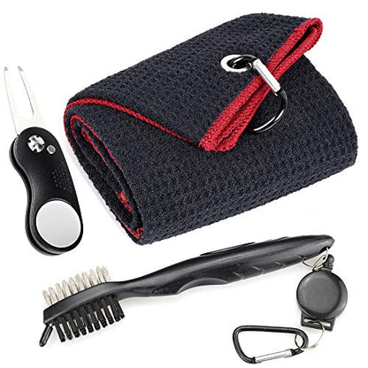 Mile High Life Microfiber Waffle Pattern Golf Towel | Club Groove Cleaner Brush | Foldable Divot Tool with Magnetic Ball Marker (Black w/red Towel/Brush/Curve Divot) - color: Black W/Red Towel/Brush/Curve Divot