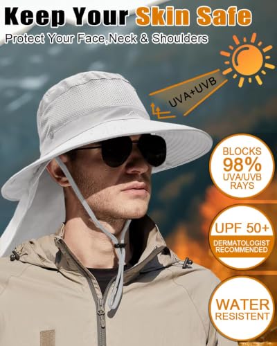 Outdoor Sun Hats with Stowable Neck Flap for Men Women UPF 50+ Mesh Summer Bucket Hat Wide Brim for Fishing Safari Hiking - color: Light Grey