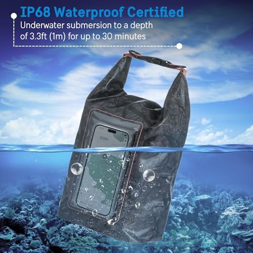 Pelican Marine IP68 Waterproof Dry Bag 5L w/Phone Pouch/Case - Hunter Camo | Roll Top Waterproof Backpack with Touchscreen Phone Pouch - Swimming, Kayaking, Camping, Rafting, Fishing & Travel Essentials - color: Hunter Camo - 5L, size: 5L