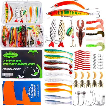 FONMANG Fishing Lures - Fishing Tackle kit with Fishing Spoons, Swim Bait, Jerk baits, Lure & Fishing Accessories, Bass Fishing Kit Also for Trout, Bluegill, Small Fishing Tackle Box for Freshwater