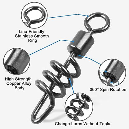 SILANON Fishing Corkscrew Snaps Swivel, 50pcs Stainless Steel Swirl Snap Swivels Barrel Rolling Swivels with Corkscrew Quick Clips Saltwater Freshwater Fishing Lure Line Connectors 2/0-8# - size: 2/0-176lb-50pcs