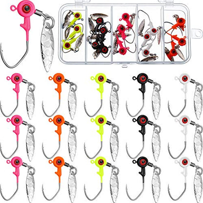 Skylety 15 Pcs Fishing Jig Heads Kit Fishing Lures Crappie Jig Road Heads Hook with Spinner Plastic Box for Freshwater Runner Bass - size: 1/8 oz