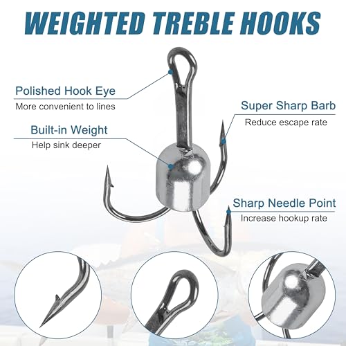 Snagging Hooks Snagging Weighted Treble Hooks 5pcs Large Weighted Fishing Hooks for Baitfish Tuna Swordfish Trout Salmon Fishing 4 Sizes 1oz 1.25oz 1.5oz 2.5oz - size: 8/0-1.5oz-5pcs