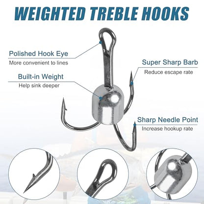 Snagging Hooks Snagging Weighted Treble Hooks 5pcs Large Weighted Fishing Hooks for Baitfish Tuna Swordfish Trout Salmon Fishing 4 Sizes 1oz 1.25oz 1.5oz 2.5oz - size: 6/0-1.25oz-5pcs