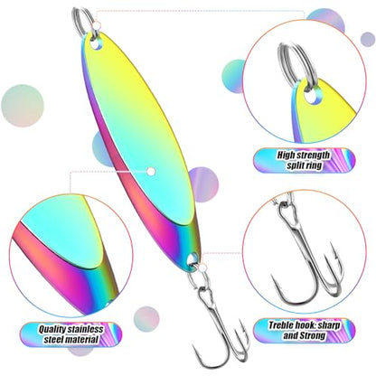 HESTYA Fishing Lures Spoons Saltwater Treble Trout Lures Hard Metal Spinner Baits 5 Sizes Casting Spoon Hooks for Salmon Bass in 1/5 1/4 3/8 1/2 3/4 oz - color: Holographic