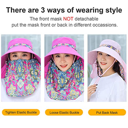 Women Wide Brim Face Mask Sun Hat Detachable Neck Face Flap Ponytail UV Protection Visor Hat Garden Fishing Hiking - color: M9099-hot-pink