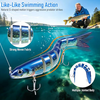 Slow Sinking Fishing Lures, 5Pcs Multi-Jointed Swim Baits for Freshwater & Saltwater, 7/8 Segmented Hard Lures, Heavy-Duty Fiber Jointed Glide Baits for Bass Musky Trout Crappie Pike