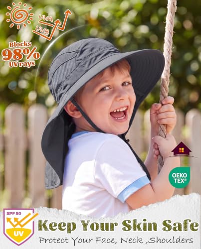 Home Prefer UPF50 Wide Brim Kids Sun Hat Neck Flap Boys Girls Sun Protection Hat for Beach Fishing - color: Dark Grey, size: 2-4T