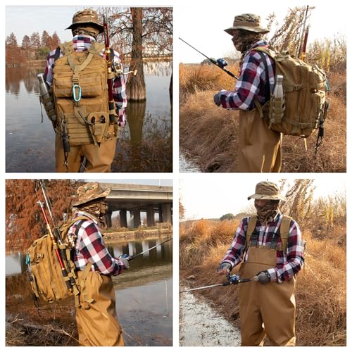 TBNBO 45l Large Fishing Tackle Backpack with Removable Plier Holder & Rod Holders, Khaki Tactical Bag, Fishing Gear and Tackle Box Organizer, Hiking Rucksack without Tackle Box - color: Khaki
