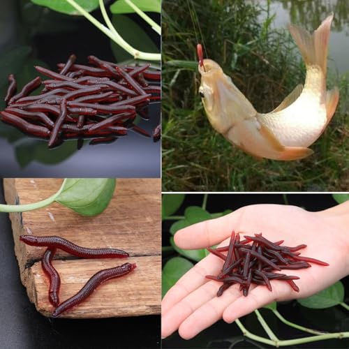 100PCS Scented Soft Fishing Lures, Realistic Red Worm Artificial Bait Freshwater Saltwater Fishing Tackle for Bass Trout Carp, 100PCS