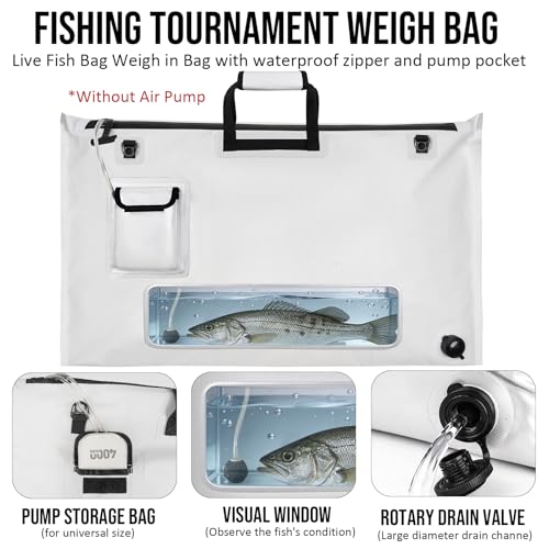 THKFISH Fish Tournament Weigh in Bag for Bass Fishing with Leakproof Zipper | Heavy Duty Live Fish Bags for Caught Fish with Waterproof Zipper and Mesh Liner,Puncture Resistant - color: White-32×19.7in