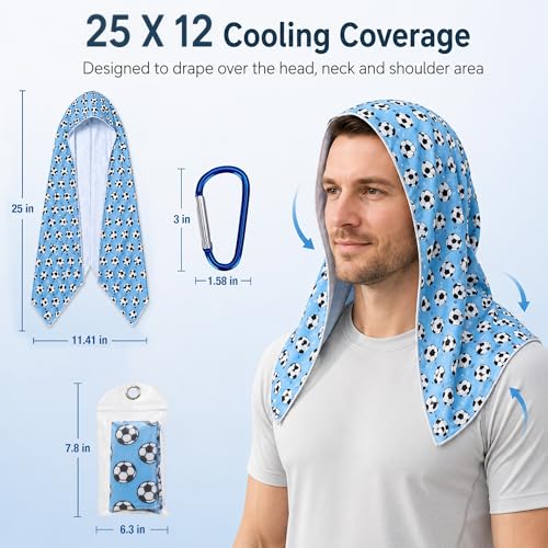 6 Pack Cooling Hoodie Towel, 25 x 12 Inch Hooded Neck Wrap with Pouches and Clips, Soft Breathable Ice Towel for Sports, Gym, Camping, Fishing, Cycling, Outdoor Work, Portable Set