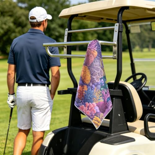 Reef Yellow Fish Blue Print Magnetic Golf Towel for Golf Bags Microfiber Golf Essentials for Women Men with Carabiner Clip Attaches to Clubs and Carts, 17.7"x17.7"