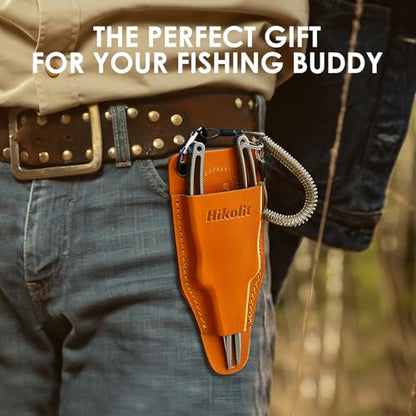 Fishing Pliers Sheath with Spring Steel Belt Clip and Coiled Lanyard, Cowhide Leather Holsters for Most Fishing Pliers