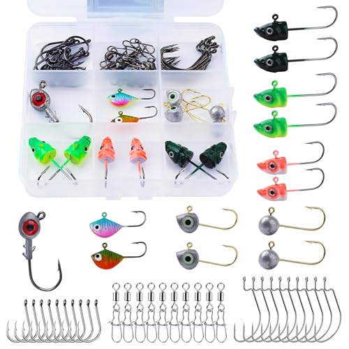 Fishing Jig Heads Hooks Kit 43pcs Glide Swimbait Soft Lures with 3D Eyes Weedless Floating Tools for Bass, Crappie, Walleye, Panfish,Shrimp Ice Fishing Gear Tackle Accessories