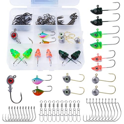 Fishing Jig Heads Hooks Kit 43pcs Glide Swimbait Soft Lures with 3D Eyes Weedless Floating Tools for Bass, Crappie, Walleye, Panfish,Shrimp Ice Fishing Gear Tackle Accessories