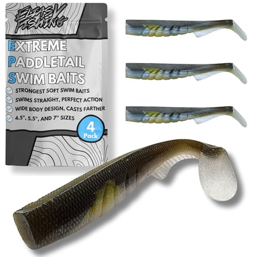 Extreme Paddle Tail Swim Baits - Soft Plastic Swimbaits, Premium Paddle Tail Swimbaits for Bass Fishing, Great Action Lifelike Saltwater Soft Swimbait Shad Lure - color: Green Pumpkin Shad, size: 4.5"