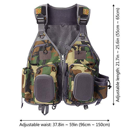 BASSDASH Strap Fishing Vest Adjustable for Men and Women, for Fly Bass Fishing and Outdoor Activities - color: F22 - Green Camo