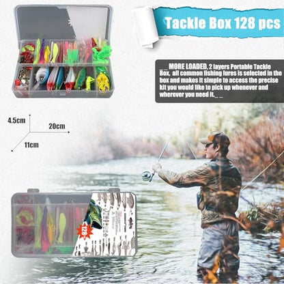 EXAURAFELIS Fishing Lures Tackle Kit, Mixed Hard & Soft Baits Metal Spoons Fishing Accessories for Bass Trout Pike Freshwater Saltwater Fishing - color: 128 pcs