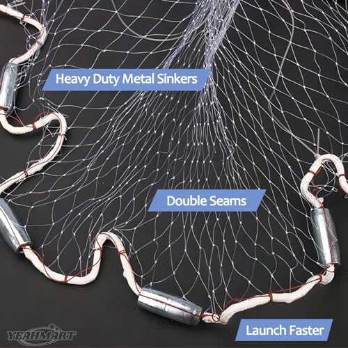 Yeahmart American Saltwater Fishing Cast Net for Bait Trap Fish 3ft/4ft/5ft/6ft/7ft/8ft/9ft/10ft Radius Casting Nets with Heavy Duty Real Zinc Sinker Weights, 3/8inch Mesh Size - style: 9ft Radius