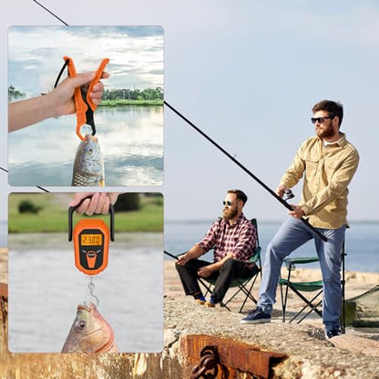 Fish Scale, Waterproof Floating Fishing Scale with Lip Gripper, 110lb/50kg Hanging Digital Fish Digital Scale, Floating with LCD Backlit, Tape Measure for Fishing Hunting, Batteries Included - color: Orange