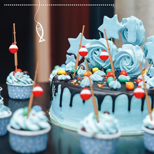Reallnaive 24 Pcs Fishing Float Cupcake Toppers Fisherman Pole Picks Party Supplies Bulk, 3D Fish Bobber Push Button Round Buoy Floats for Fishing Birthday Party Decorations(Bobber) - style: Bobber