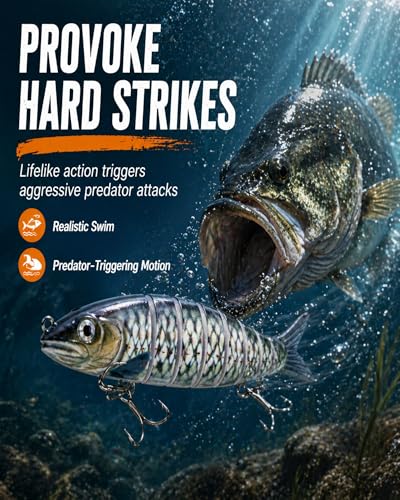 8-Segment Swimbait with High-Carbon Steel Hooks, 5.4" Lifelike Jointed Fishing Lure with Built-in Rattle & 3D Eyes, Magic Wiggling Action Swimbaits for Bass Trout Pike Walleye, Freshwater Saltwater
