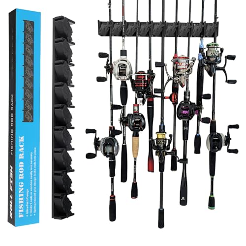 Vertical Fishing Rod Storage Rack Wall Mounted Pole Holder Rack Holds 9 Rods Combos Black - color: Black