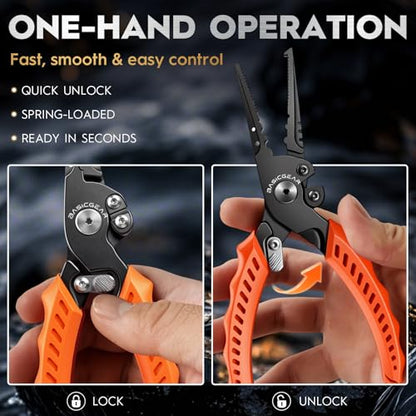 BasicGear Fishing Pliers, 17-4 PH Stainless Steel Saltwater Pliers, Braid Cutter, Split Ring Tool, Corrosion Resistant, One-Hand Operation (7.5" Standard (All-Purpose) - Black) - size: 7.5" Standard (All-Purpose) - Black