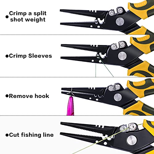 Sougayilang Fishing Pliers,Sheath and Lanyard Tungsten Carbide Cutters,420 Stainless Steel Fishing Tools,Saltwater Resistant Fishing Gear with Rubber Handle-7.5'' Straight Nose - Yellow - color: 7.5'' Straight Nose-yellow