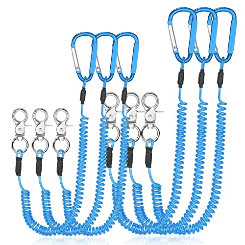 Woanger 6 Pack Fishing Lanyard Steel Wire Coiled Lanyard Tool Lanyards for Hand Tools Kayak Retractable Tool Leash Fishing Rod Safety Lanyards Gear with Alloy Clips for Pliers Boating - color: Blue