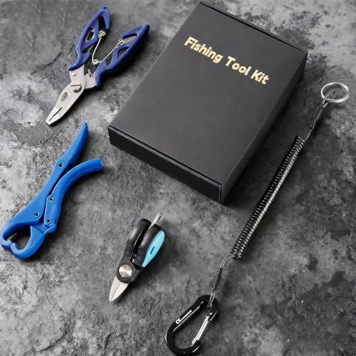 4pc Fishing Tool Kit, Fishing Serrated Scissors , Multifunctional Pliers, Lip Gripper,Retractable lanyard, Resistant Saltwater Accessories & Equipment, for Hook Remover, Inshore & Nearshore