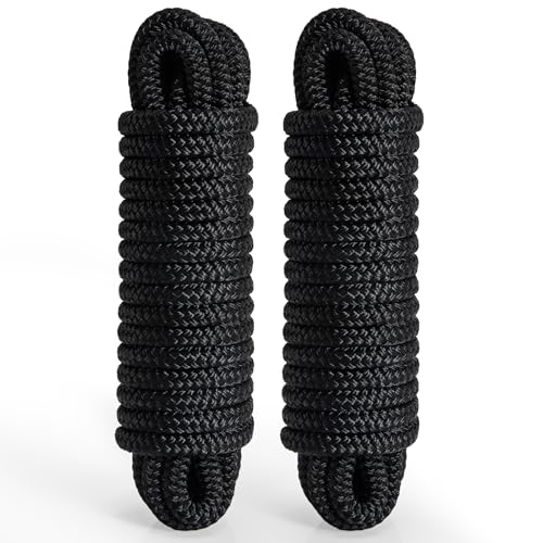 2 Pack 3/8" x 20' Boat Dock Lines for Boat & Pontoon, Premium Marine- Grade Double Braided Nylon Boat Lines, Pre-Spliced with a 12" Eyelet-Black,High Strength,Easy Handling,Boating Gifts for Men. - size: 3/8" x 20' (Pack of 2)
