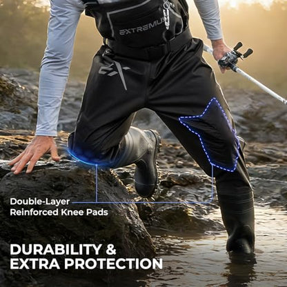 Extremus MarshPro Fishing Waders for Men, 100% Waterproof PVC Chest Waders with Slip-Resistant Boots - color: Black