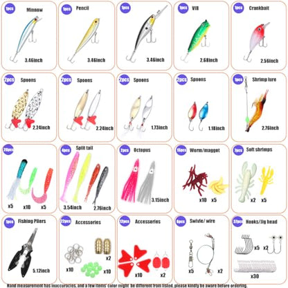 EXAURAFELIS Fishing Lures Tackle Kit, Mixed Hard & Soft Baits Metal Spoons Fishing Accessories for Bass Trout Pike Freshwater Saltwater Fishing - color: 142pcs