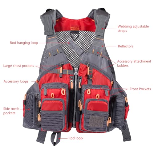 BASSDASH Strap Fishing Vest Adjustable for Men and Women, for Fly Bass Fishing and Outdoor Activities - color: Red