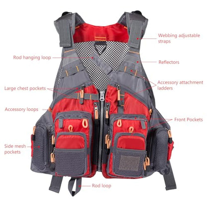 BASSDASH Strap Fishing Vest Adjustable for Men and Women, for Fly Bass Fishing and Outdoor Activities - color: Red