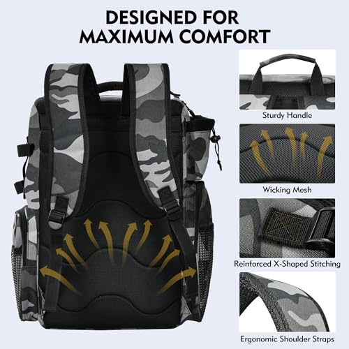MGB 46L Water-resistant Fishing Tackle Backpack with Rod Holders, Fishing Gifts - color: Grey+black Camo（without Tackle Box）