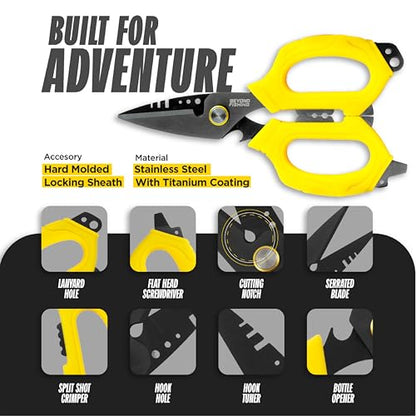 Beyond Fishing 6.5" Pro Fishing Shears Dual Serrated Blades, Fishing Braided Line Scissors with Titanium Coating, Non-Slip Grip & Multifunction Tool, Includes Hard Molded Locking Sheath - color: Omnipro - Yellow