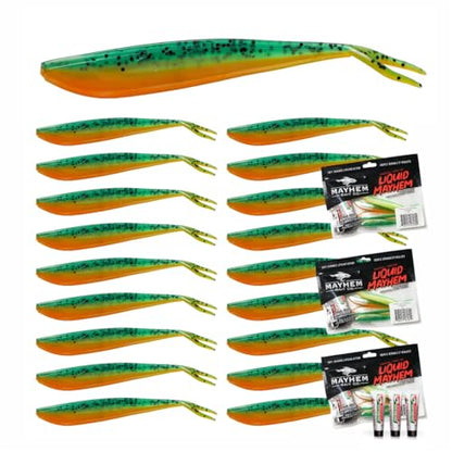 Liquid Mayhem Devils Split 4” – Soft Plastic Lures for Bass & Walleye with Fast Darting Action – Includes Bonus 10ml Attractant – 6 Baits Each Pack - size: 4" Kit - 3 Pack, style: Fire Tiger