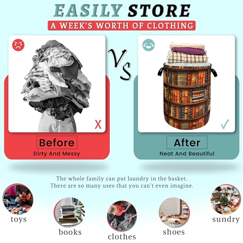 Retro Wooden Bookshelf Pattern Laundry Hamper Books Laundry Basket With Handles Foldable Oxford Cloth Funny Tote Bag Clothes Toy Storage Bucket 18.9"x16.5" For Bathroom/Laundry/Bedroom - color: Retro Wooden Bookshelf